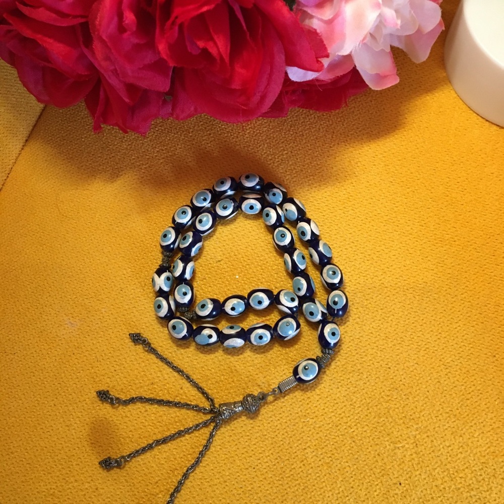 Evil eye hand painted beaded glass praying mala